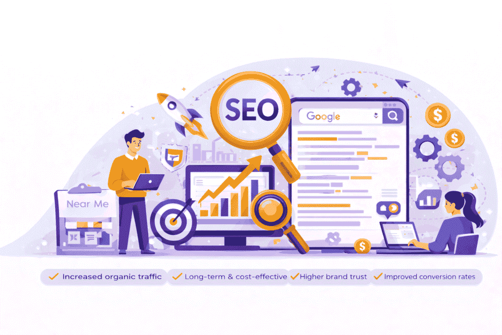 SEO services illustration showing organic traffic and lead generation