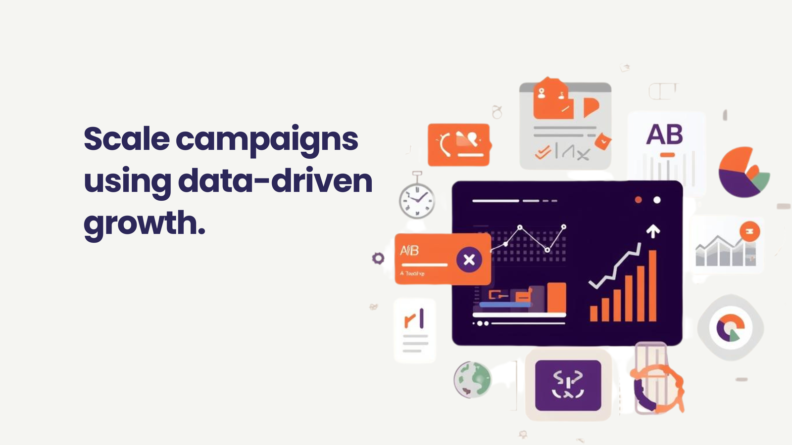 Data-driven marketing dashboard showing campaign growth, analytics charts, and A/B testing for scaling digital campaigns